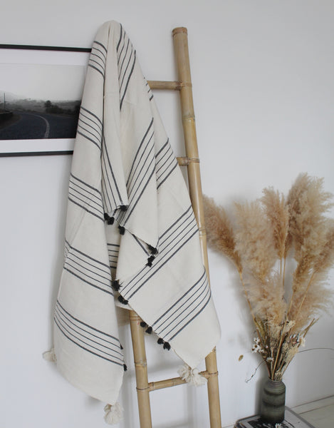 Pompom deken wit/grijs -xl-